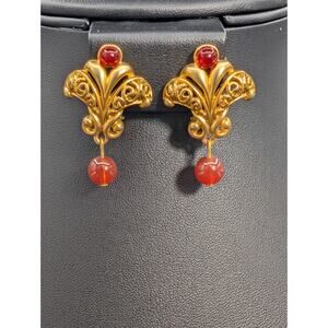 Vintage Neo-Renaissance Fleur-de-Lis Clip Earrings Gold Tone Carnelian Bead Drop